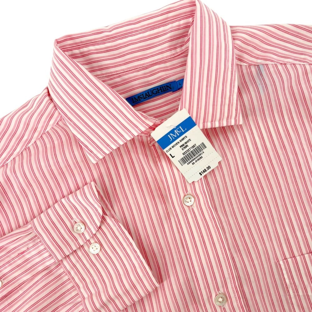 J.McLaughlin Mens Club Woven Shirt Pink White Stripe Cotton Long Sleeve L NEW